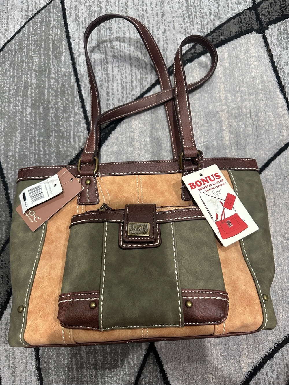 boc Olive, Tan & Brown Panel Shoulder Tote
